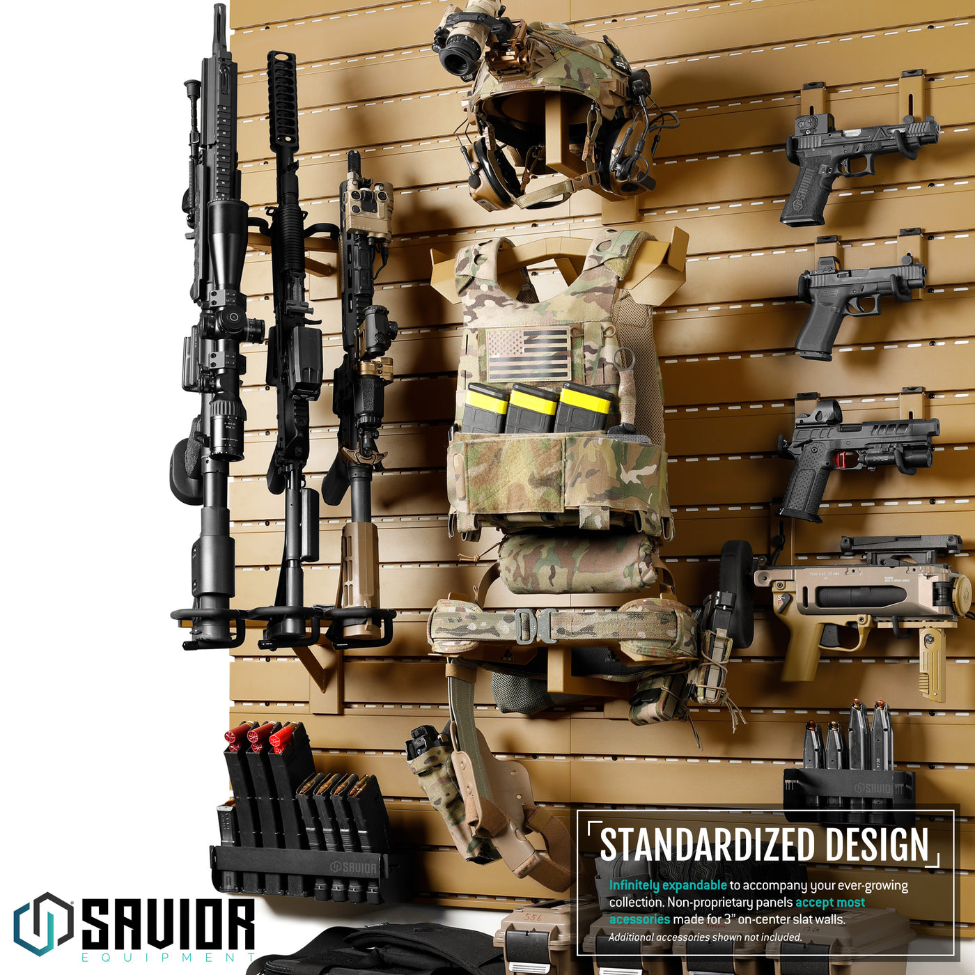 Standardized Design - Infinitely expandable to accompany your ever-growing collection. Non-proprietary panels accept most accessories made for 3" on center slat walls.#color_ral-8000-tan