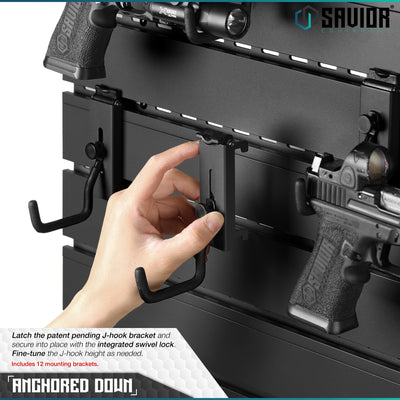 Anchored Down - Latch the patent pending J-hook bracket and secure into place with the integrated swivel lock. Fine-tune the J-hook height as needed. Includes 12 mounting brackets.#color_obsidian-black