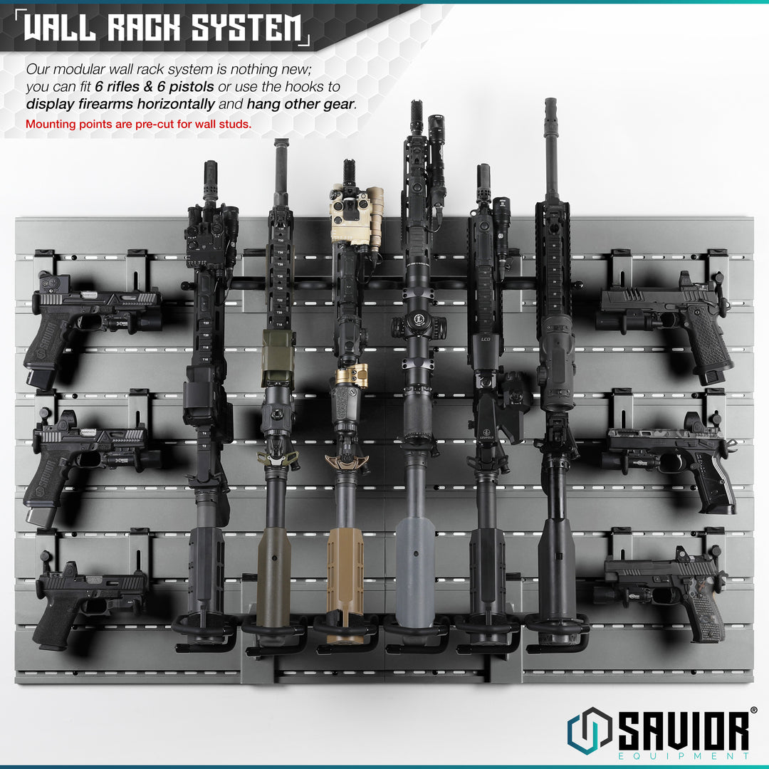 Wall Rack System - Our modular wall rack system is nothing new; you can fit up to 3 or 6 rifles & 3 or 6 pistols or use the hooks to display firearms horizontally and hang other gear. Mounting points are pre-cut for wall studs.#color_sw-gray