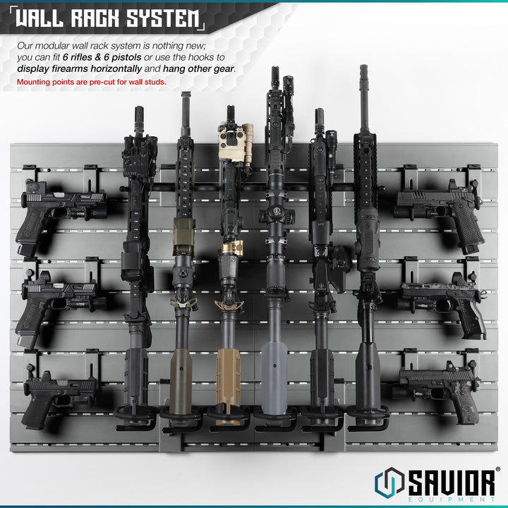 Wall Rack System - Our modular wall rack system is nothing new; you can fit up to 3 or 6 rifles & 3 or 6 pistols or use the hooks to display firearms horizontally and hang other gear. Mounting points are pre-cut for wall studs.#color_sw-gray