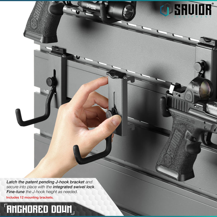 Anchored Down - Latch the patent pending J-hook bracket and secure into place with the integrated swivel lock. Fine-tune the J-hook height as needed. Includes 6 or 12 mounting brackets.#color_sw-gray