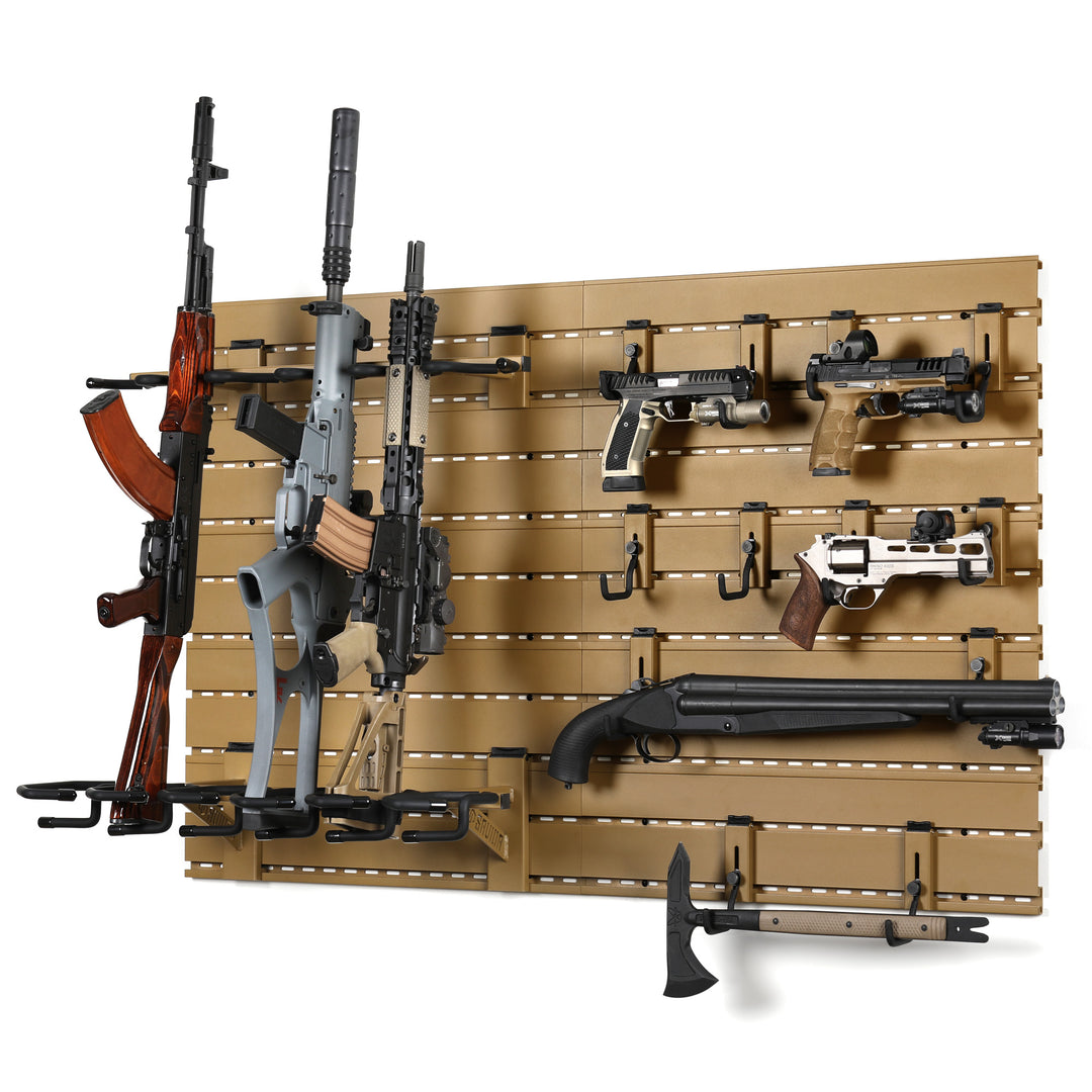 Wall Rack System - 10 Panels w/ 6 Rifle & 12 Pistol Hooks - Tan#color_ral-8000-tan
