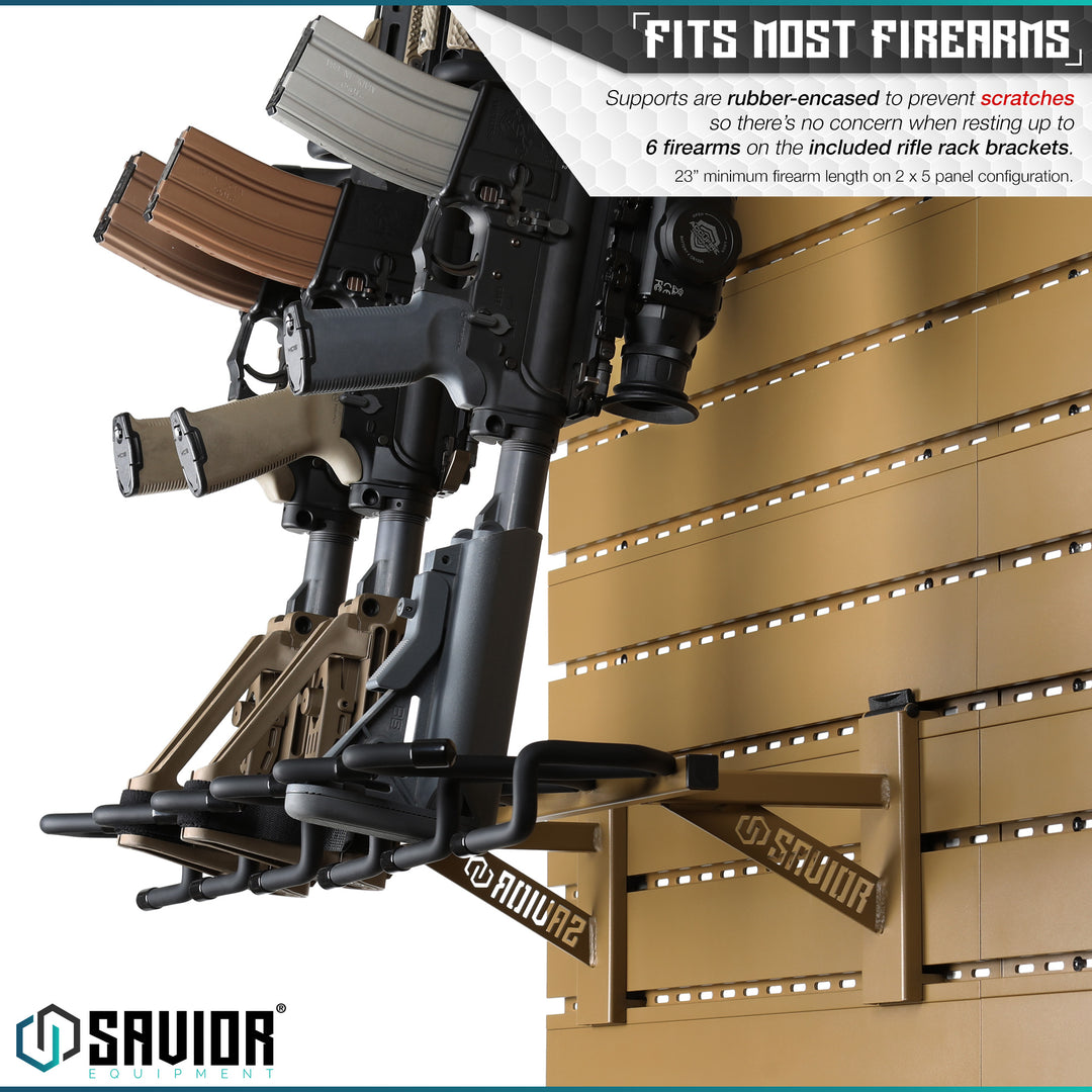 Fits Most Firearms - Supports are rubber-encased to prevent scratches so there's no concern when resting up to 6 firearms on the included rifle rack brackets. 23" minimum firearm length on 2 x 5 panel configuration.#color_ral-8000-tan