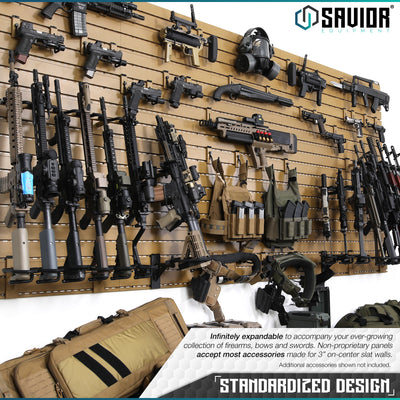 Standardized Design - Infinitely expandable to accompany your ever-growing collection of firearms, bows and swords. Non-proprietary panels accept all accessories made for 3" on-center slat walls. Additional accessories shown not included.