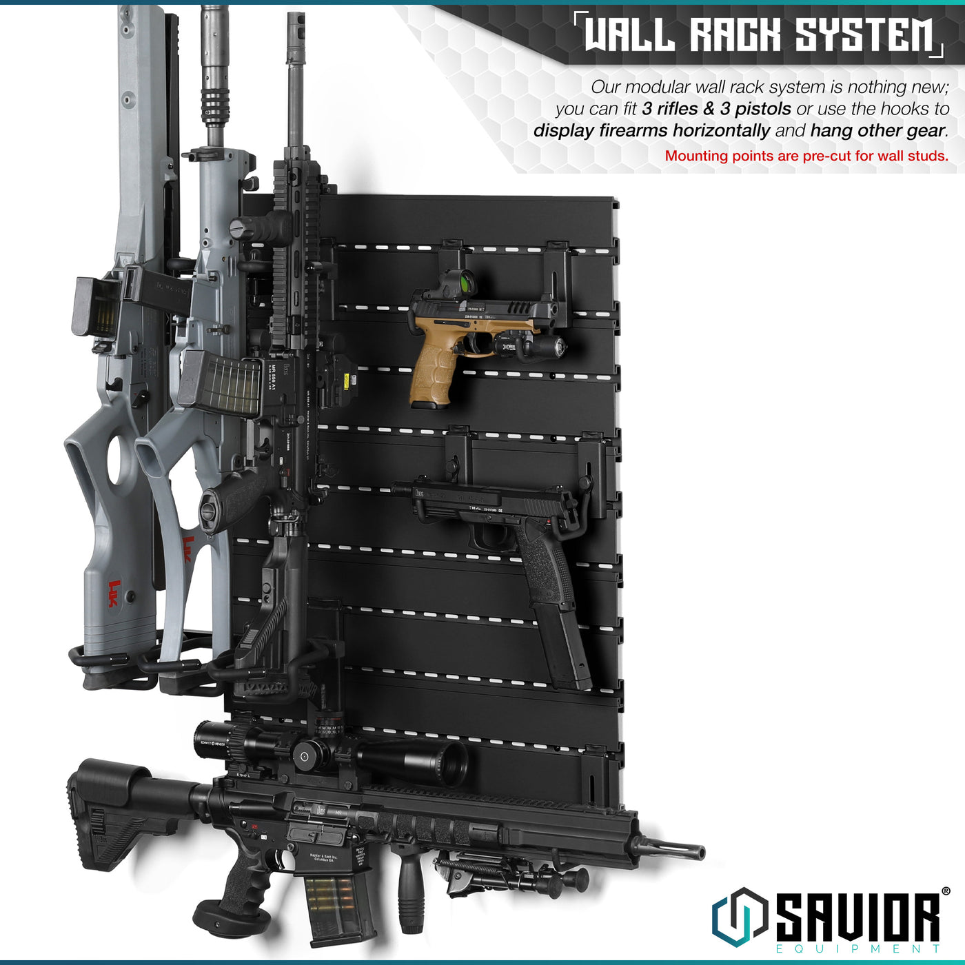 Wall Rack System - Our modular wall rack system is nothing new; you can fit up to 3 rifles & 3 pistols or use the hooks to display firearms horizontally and hang other gear. Mounting points are pre-cut for wall studs.#color_obsidian-black