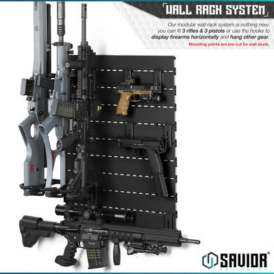 Wall Rack System - Our modular wall rack system is nothing new; you can fit up to 3 rifles & 3 pistols or use the hooks to display firearms horizontally and hang other gear. Mounting points are pre-cut for wall studs.