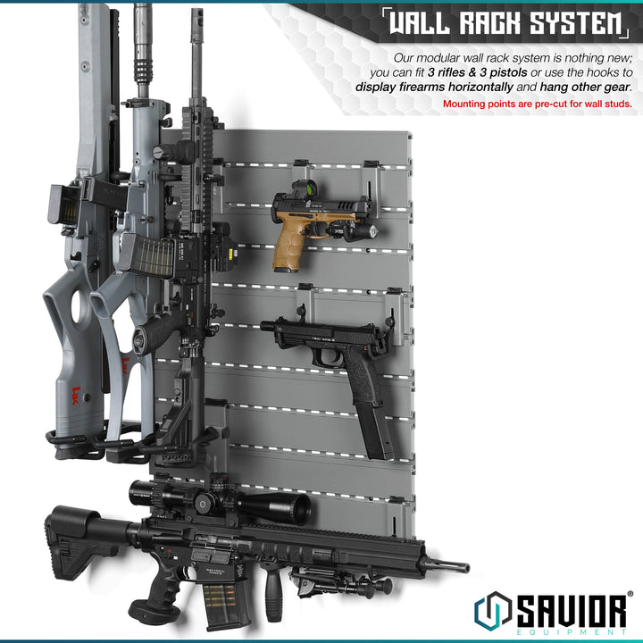Wall Rack System - Our modular wall rack system is nothing new; you can fit up to 3 rifles & 3 pistols or use the hooks to display firearms horizontally and hang other gear. Mounting points are pre-cut for wall studs.#color_sw-gray