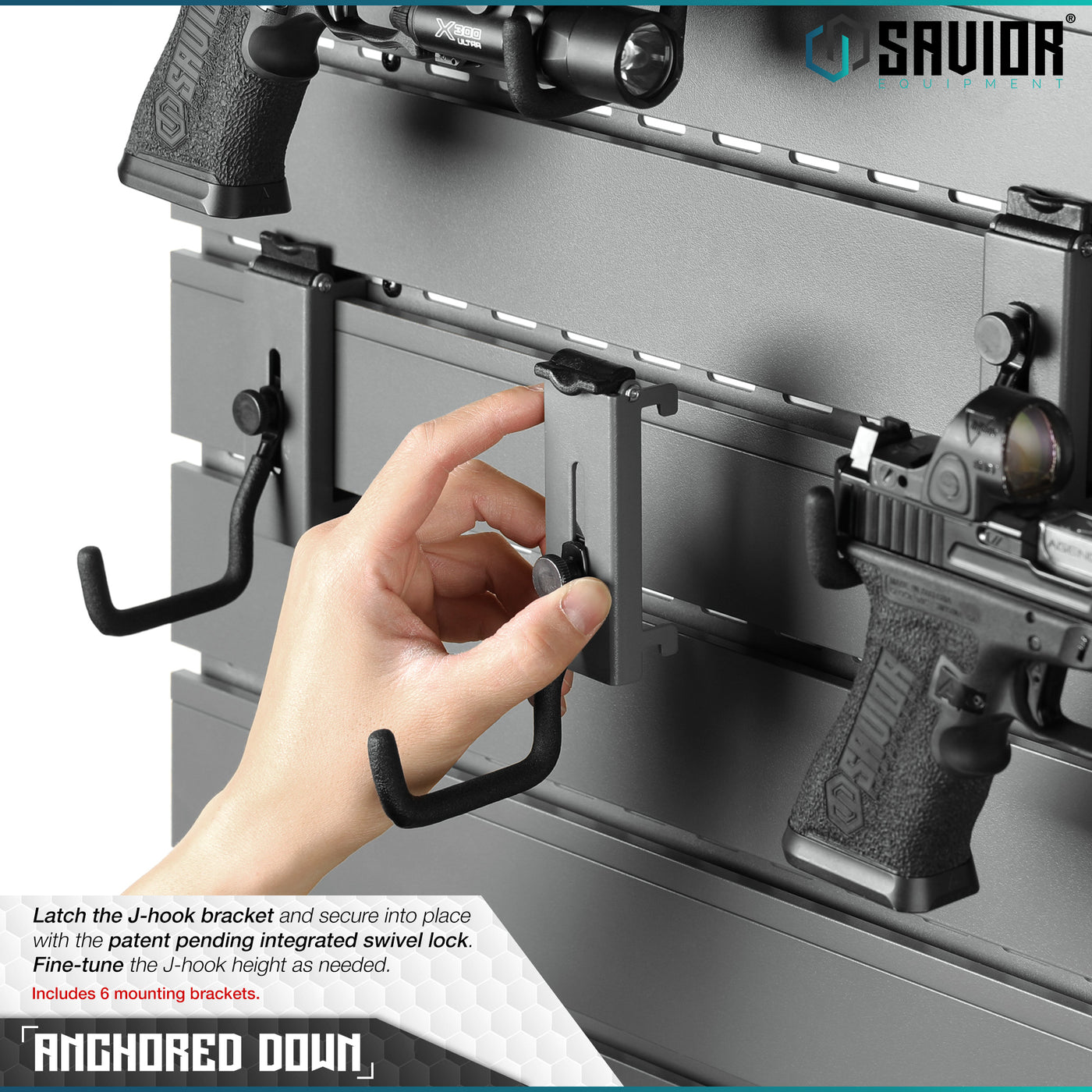 Anchored Down - Latch the patent pending J-hook bracket and secure into place with the integrated swivel lock. Fine-tune the J-hook height as needed. Includes 6 mounting brackets.#color_sw-gray