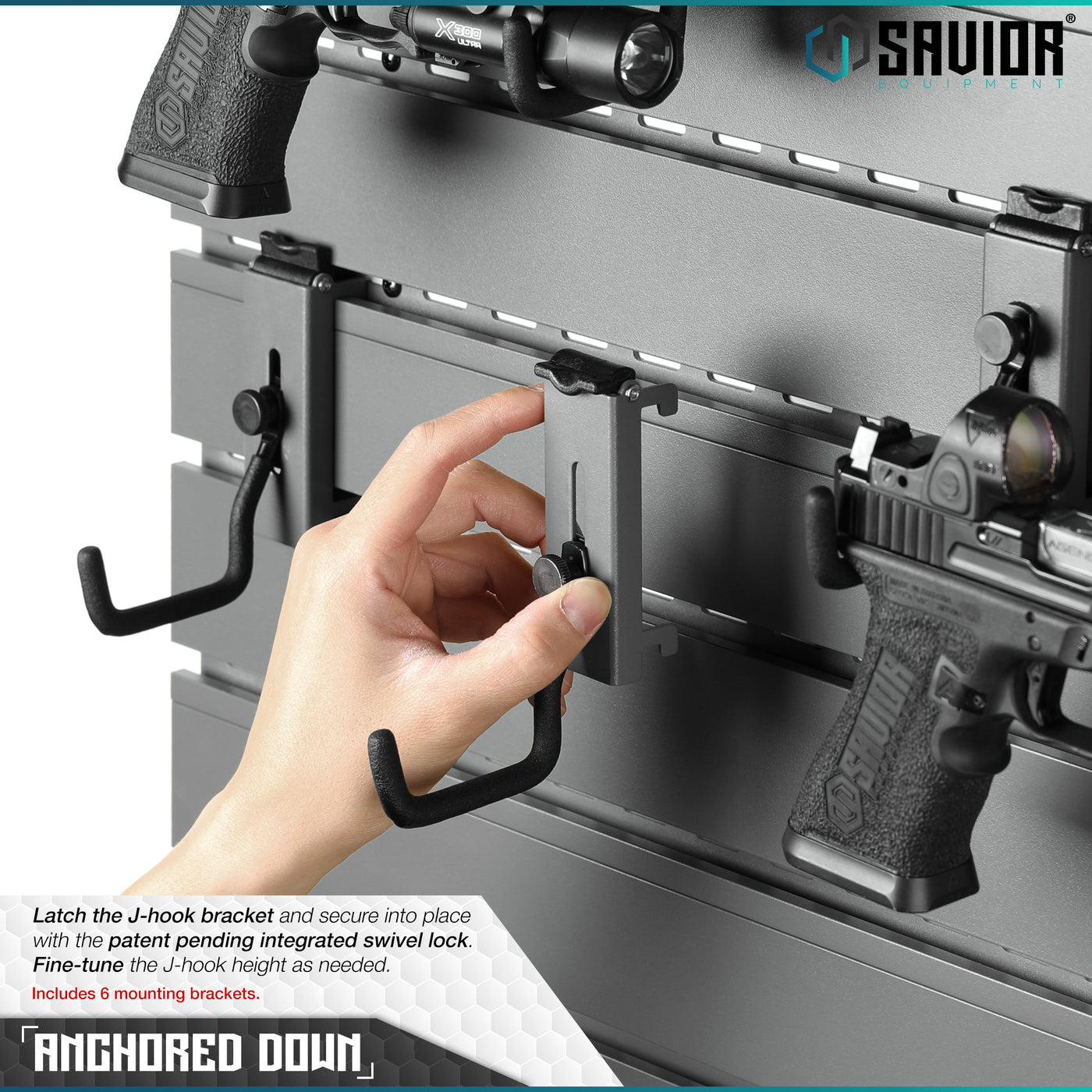 Anchored Down - Latch the patent pending J-hook bracket and secure into place with the integrated swivel lock. Fine-tune the J-hook height as needed. Includes 6 mounting brackets.