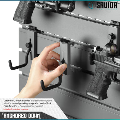 Anchored Down - Latch the patent pending J-hook bracket and secure into place with the integrated swivel lock. Fine-tune the J-hook height as needed. Includes 6 mounting brackets.#color_sw-gray