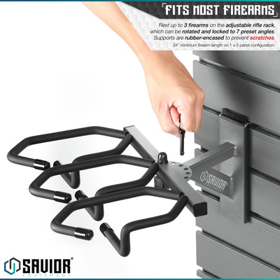 Fits Most Firearms - Rest up to 3 firearms on the adjustable rifle rack, which can be rotated and locked to 7 preset angles. Supports are rubber-encased to prevent scratches. 24" minimum firearm length on 1 x 5 panel configuration.