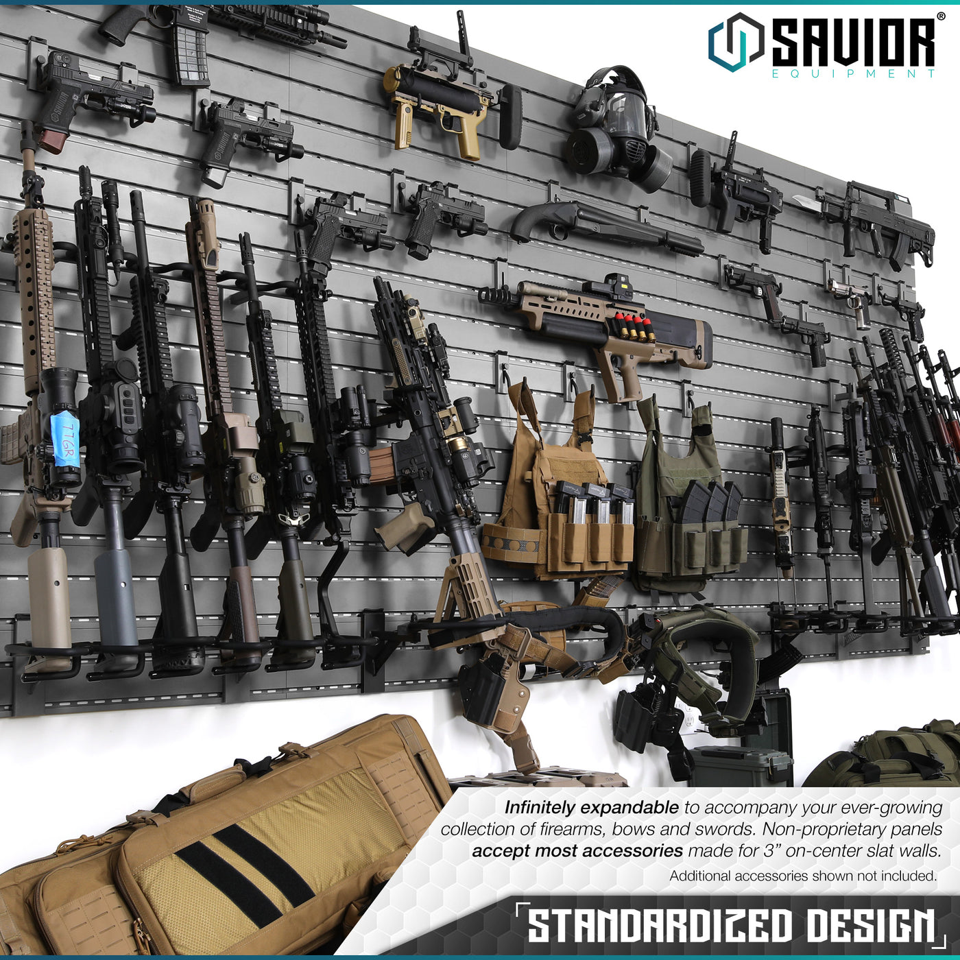 Standardized Design - Infinitely expandable to accompany your ever-growing collection of firearms, bows and swords. Non-proprietary panels accept all accessories made for 3" on-center slat walls. Additional accessories shown not included.