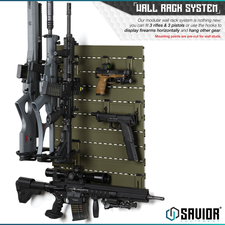 Wall Rack System - Our modular wall rack system is nothing new; you can fit up to 3 rifles & 3 pistols or use the hooks to display firearms horizontally and hang other gear. Mounting points are pre-cut for wall studs.#color_od-green