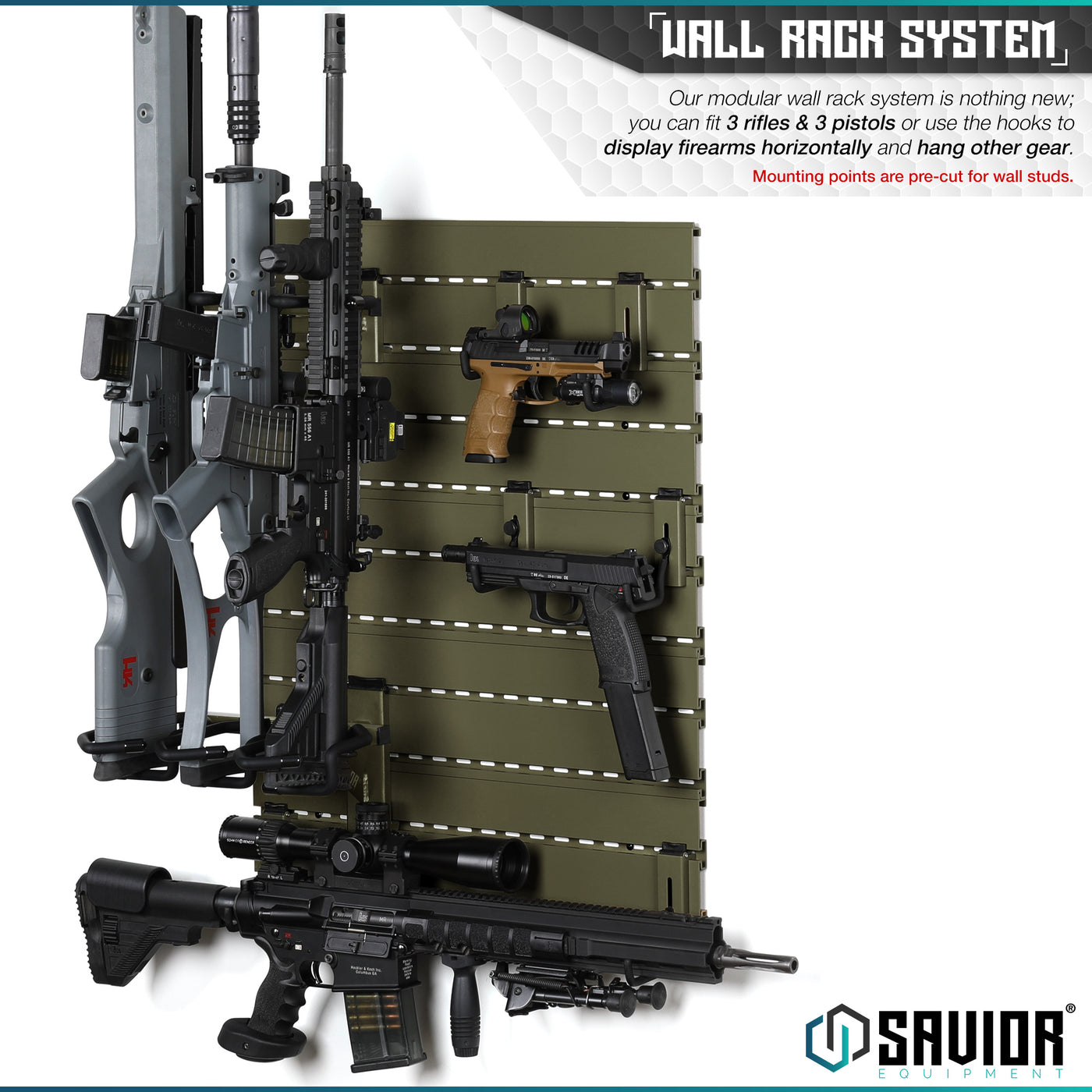 Wall Rack System - Our modular wall rack system is nothing new; you can fit up to 3 rifles & 3 pistols or use the hooks to display firearms horizontally and hang other gear. Mounting points are pre-cut for wall studs.