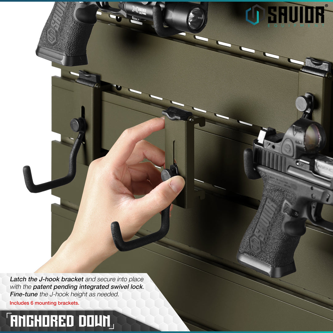 Anchored Down - Latch the patent pending J-hook bracket and secure into place with the integrated swivel lock. Fine-tune the J-hook height as needed. Includes 6 mounting brackets.#color_od-green