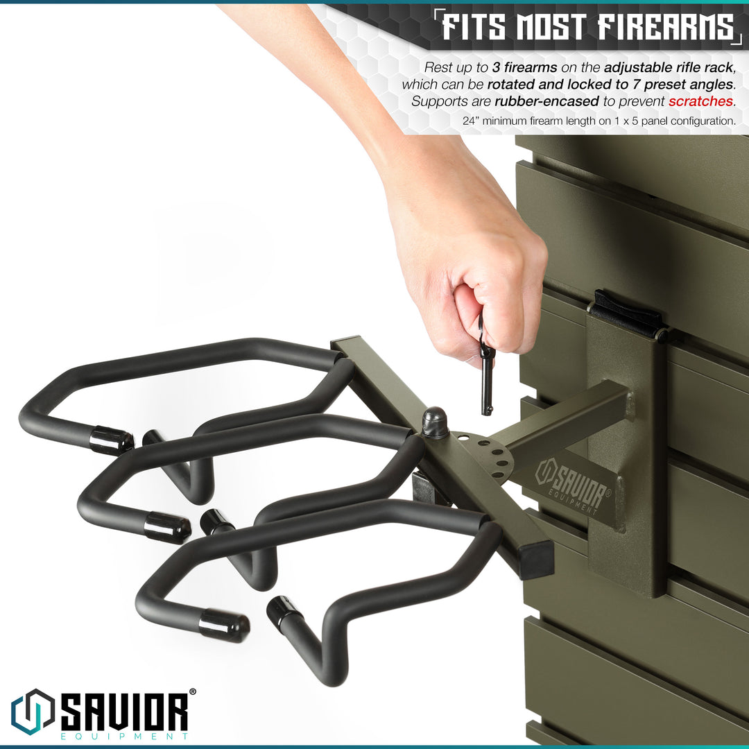 Fits Most Firearms - Rest up to 3 firearms on the adjustable rifle rack, which can be rotated and locked to 7 preset angles. Supports are rubber-encased to prevent scratches. 24" minimum firearm length on 1 x 5 panel configuration.#color_od-green
