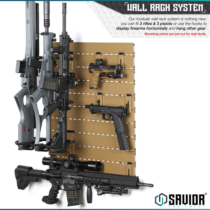 Wall Rack System - Our modular wall rack system is nothing new; you can fit up to 3 rifles & 3 pistols or use the hooks to display firearms horizontally and hang other gear. Mounting points are pre-cut for wall studs.#color_ral-8000-tan