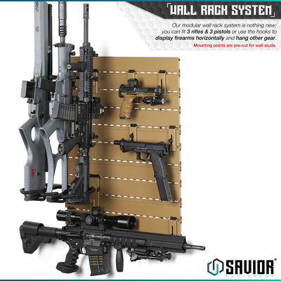 Wall Rack System - Our modular wall rack system is nothing new; you can fit up to 3 rifles & 3 pistols or use the hooks to display firearms horizontally and hang other gear. Mounting points are pre-cut for wall studs.