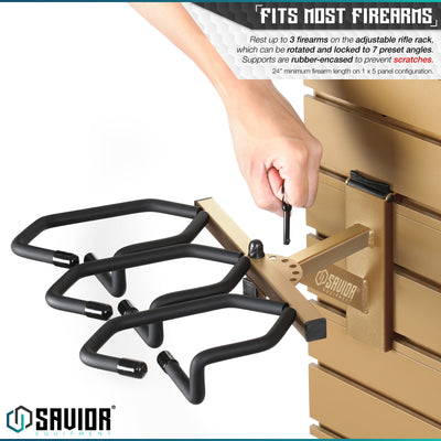 Fits Most Firearms - Rest up to 3 firearms on the adjustable rifle rack, which can be rotated and locked to 7 preset angles. Supports are rubber-encased to prevent scratches. 24" minimum firearm length on 1 x 5 panel configuration.#color_ral-8000-tan