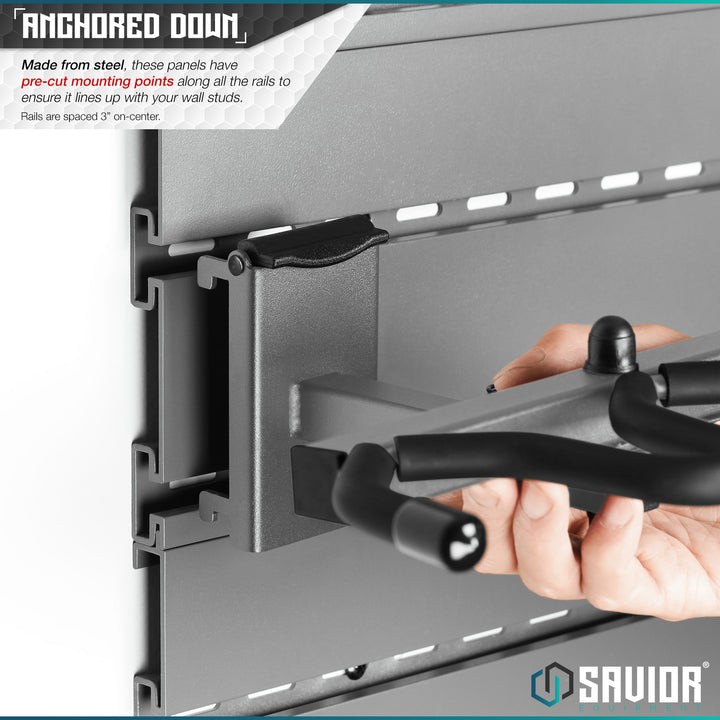 Anchored Down - Made from steel, these panels have pre-cut mounting points along all the rails, which are spaced 3" on-center. Accessories not included#color_sw-gray