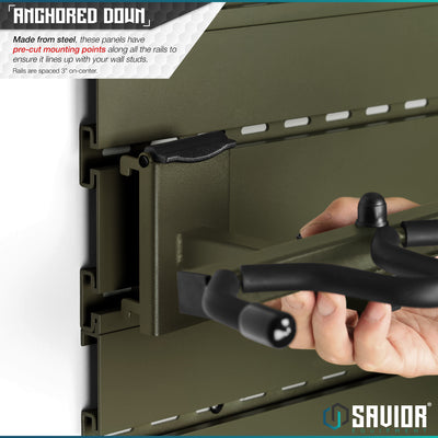 Anchored Down - Made from steel, these panels have pre-cut mounting points along all the rails, which are spaced 3" on-center. Accessories not included#color_od-green