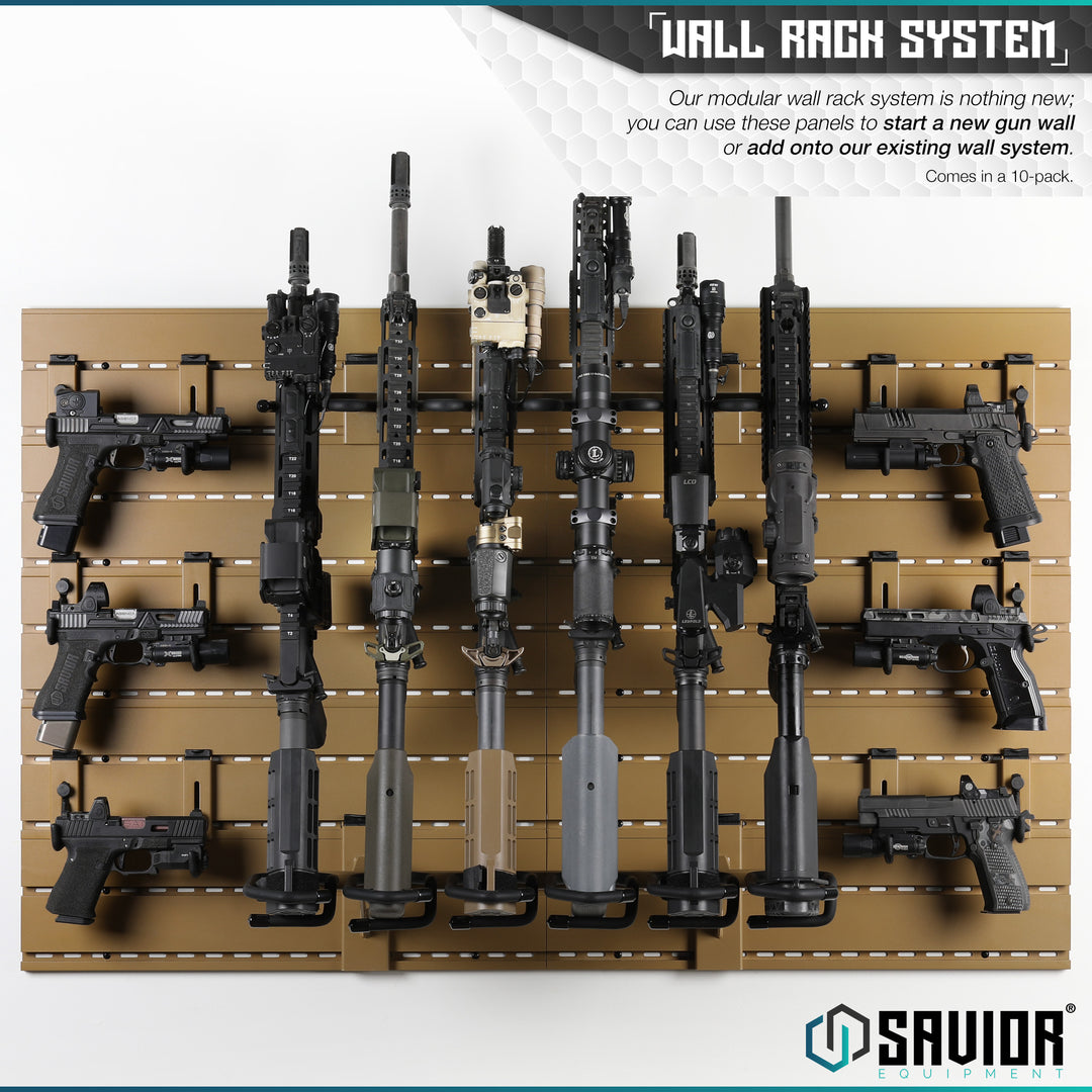 Wall Rack System - Our modular wall rack system is nothing new; you can use these panels to start a new gun wall or add onto our existing wall system. Comes in a 10-pack.#color_ral-8000-tan