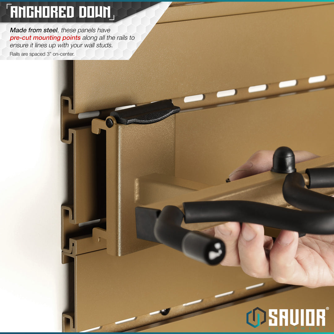 Anchored Down - Made from steel, these panels have pre-cut mounting points along all the rails, which are spaced 3" on-center. Accessories not included#color_ral-8000-tan