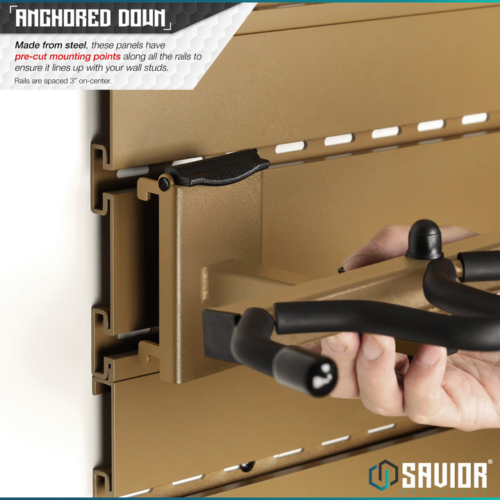 Anchored Down - Made from steel, these panels have pre-cut mounting points along all the rails, which are spaced 3" on-center. Accessories not included#color_ral-8000-tan