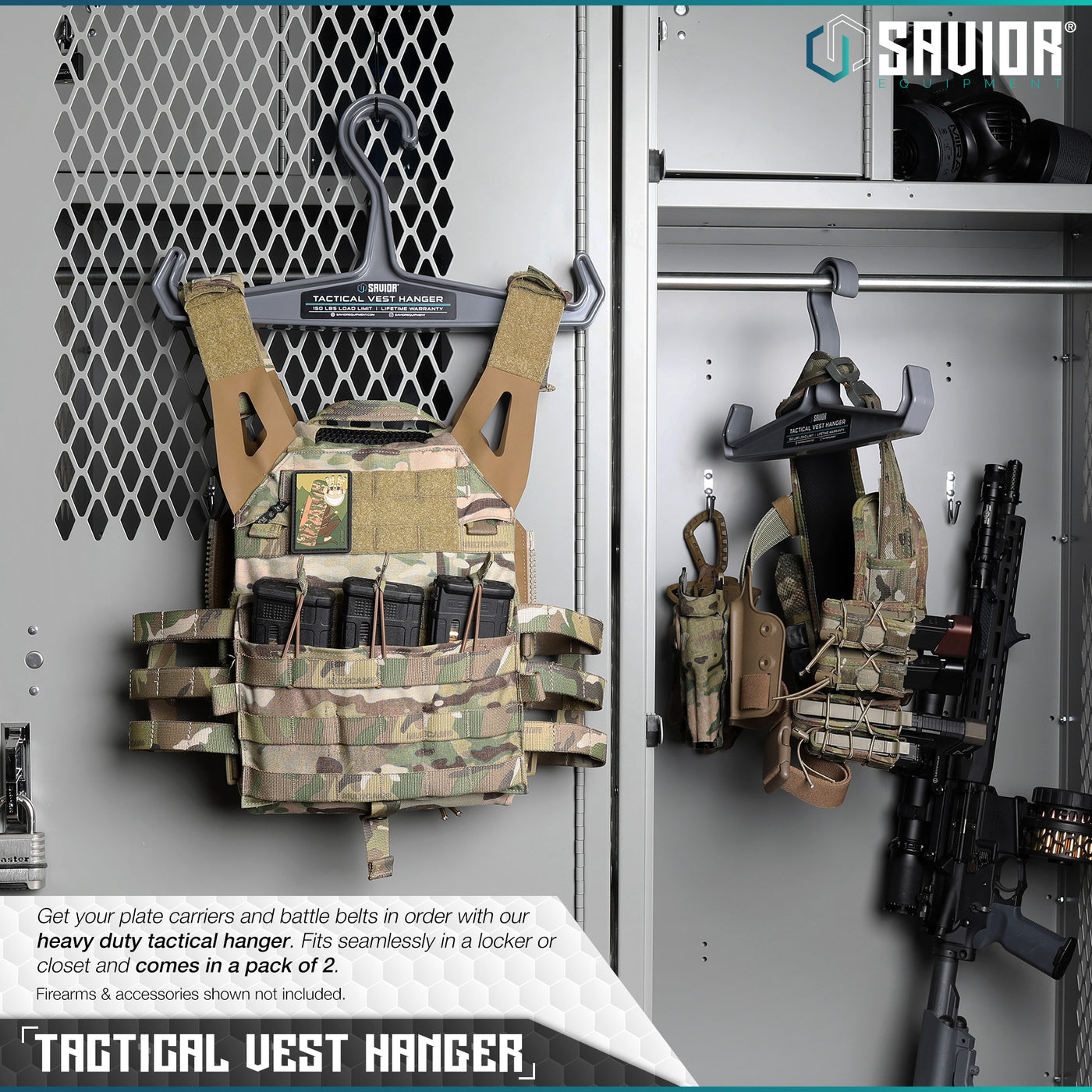 Tactical Vest Hanger - Get your plate carriers and battle belts in order with our heavy duty hanger. Fits seamlessly in a locker or closet and comes in a pack of 2. Firearms & accessories shown not included.