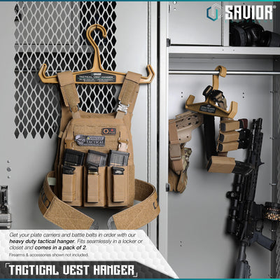 Tactical Vest Hanger - Get your plate carriers and battle belts in order with our heavy duty hanger. Fits seamlessly in a locker or closet and comes in a pack of 2. Firearms & accessories shown not included.